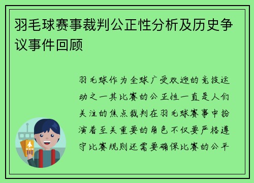 羽毛球赛事裁判公正性分析及历史争议事件回顾